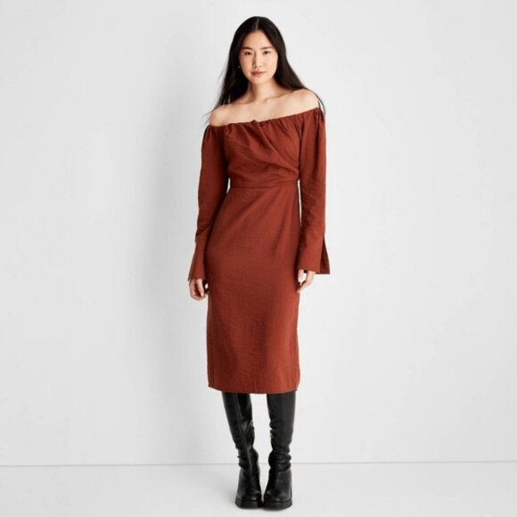 Future Collective Dresses & Skirts - Future Collective Reese Blutstein Rust Red Off Shoulder Midi Dress 10